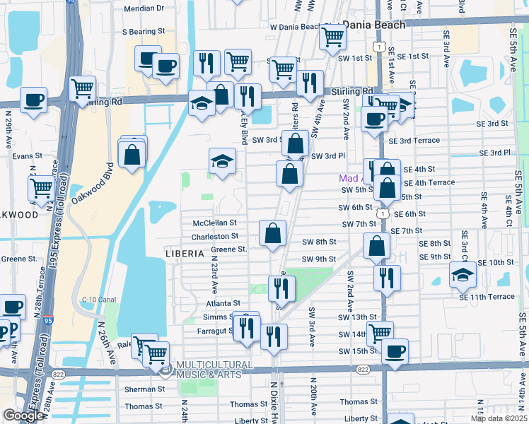 map of restaurants, bars, coffee shops, grocery stores, and more near 713 Southwest 7th Street in Dania Beach