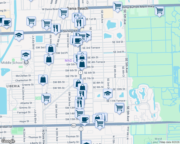 map of restaurants, bars, coffee shops, grocery stores, and more near 31 Southeast 7th Street in Dania Beach