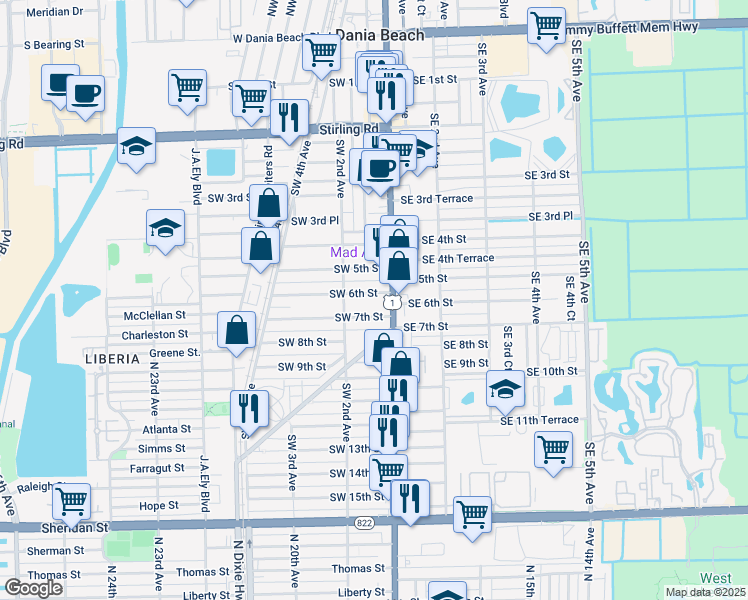 map of restaurants, bars, coffee shops, grocery stores, and more near in Dania Beach