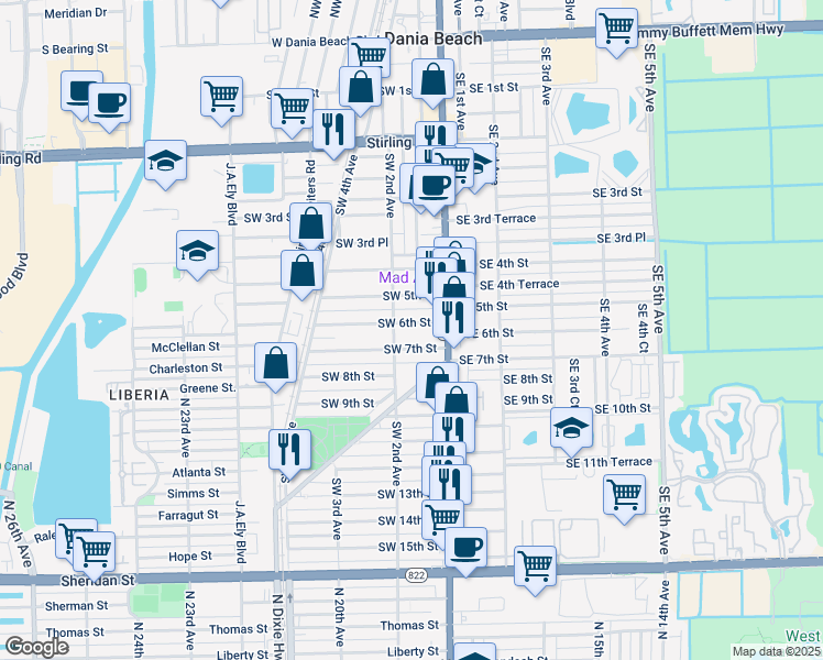 map of restaurants, bars, coffee shops, grocery stores, and more near 38 Southwest 7th Street in Dania Beach