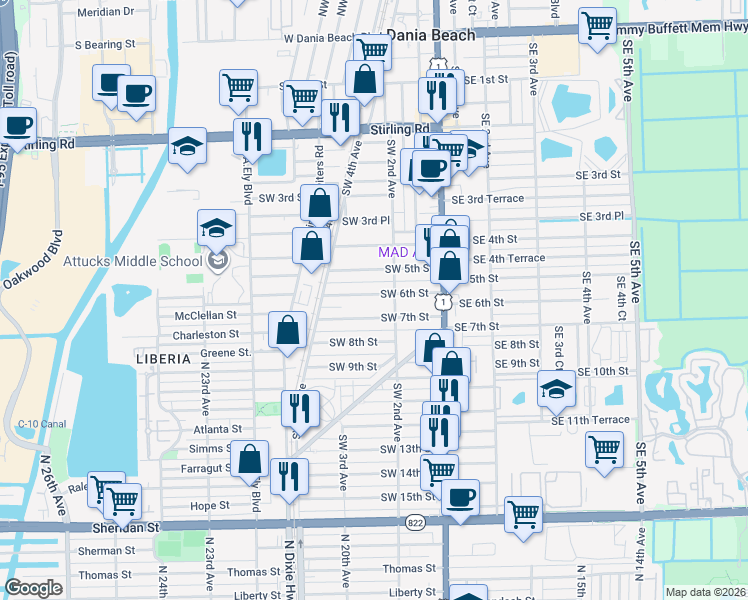 map of restaurants, bars, coffee shops, grocery stores, and more near 226 Southwest 7th Street in Dania Beach
