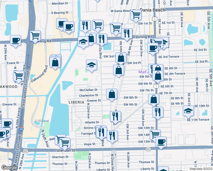 map of restaurants, bars, coffee shops, grocery stores, and more near 713 Southwest 7th Street in Dania Beach