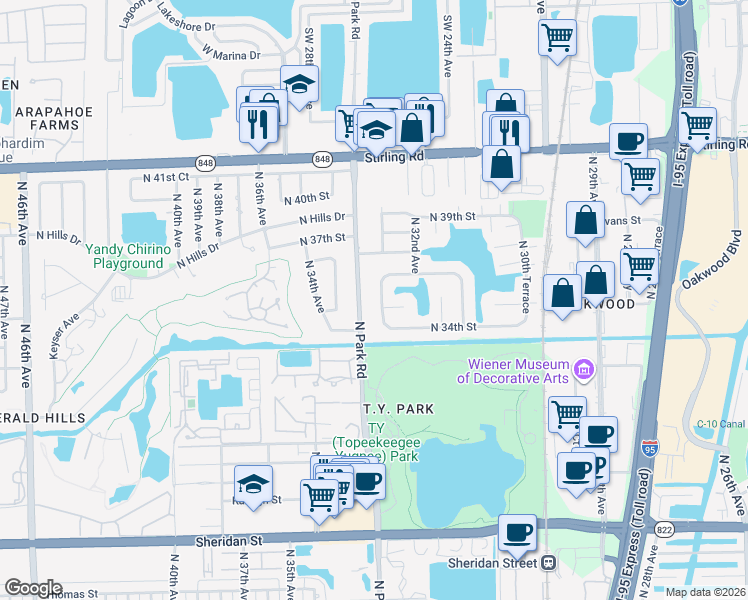 map of restaurants, bars, coffee shops, grocery stores, and more near 3411 North 32nd Terrace in Hollywood