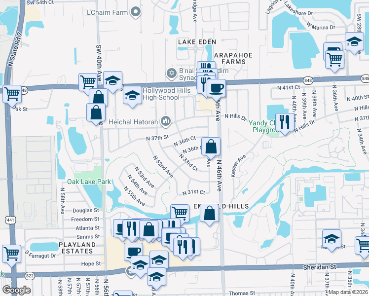 map of restaurants, bars, coffee shops, grocery stores, and more near 4901 North 35th Street in Hollywood