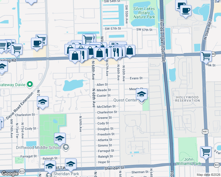 map of restaurants, bars, coffee shops, grocery stores, and more near 6701 Custer Street in Hollywood