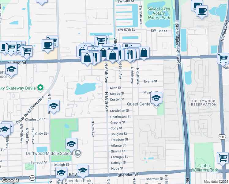 map of restaurants, bars, coffee shops, grocery stores, and more near 6701 Custer Street in Hollywood