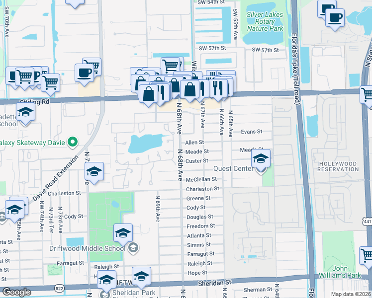 map of restaurants, bars, coffee shops, grocery stores, and more near 6780 Meade Street in Hollywood