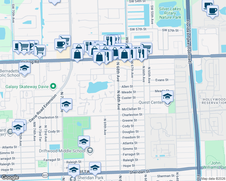 map of restaurants, bars, coffee shops, grocery stores, and more near 230 Briarwood Circle in Hollywood