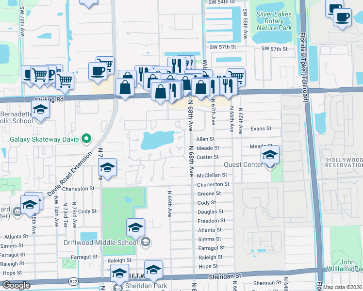 map of restaurants, bars, coffee shops, grocery stores, and more near 230 Briarwood Circle in Hollywood
