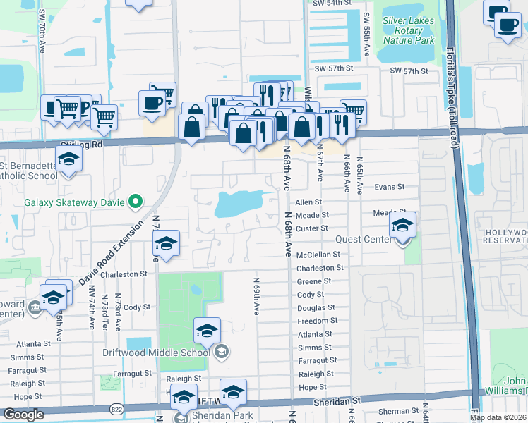 map of restaurants, bars, coffee shops, grocery stores, and more near 230 Briarwood Circle in Hollywood