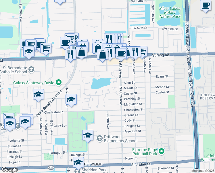 map of restaurants, bars, coffee shops, grocery stores, and more near 312 Briarwood Circle in Hollywood