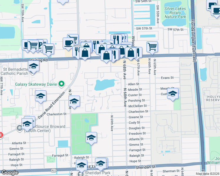 map of restaurants, bars, coffee shops, grocery stores, and more near 312 Briarwood Circle in Hollywood