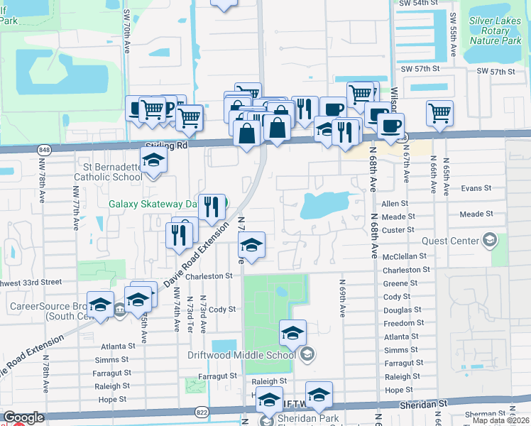 map of restaurants, bars, coffee shops, grocery stores, and more near 7150 Meade Street in Hollywood