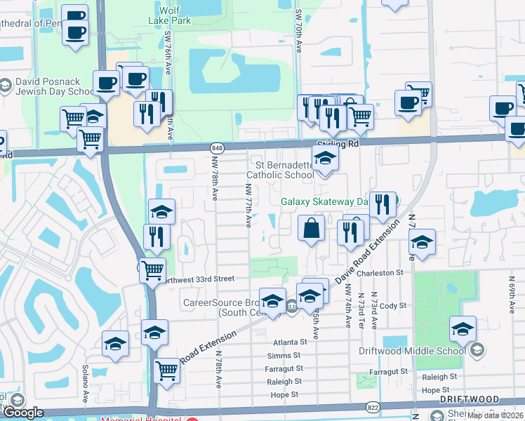 map of restaurants, bars, coffee shops, grocery stores, and more near 3704 Northwest 77th Avenue in Hollywood