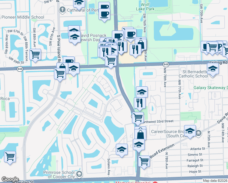 map of restaurants, bars, coffee shops, grocery stores, and more near 4021 Cascada Circle in Hollywood