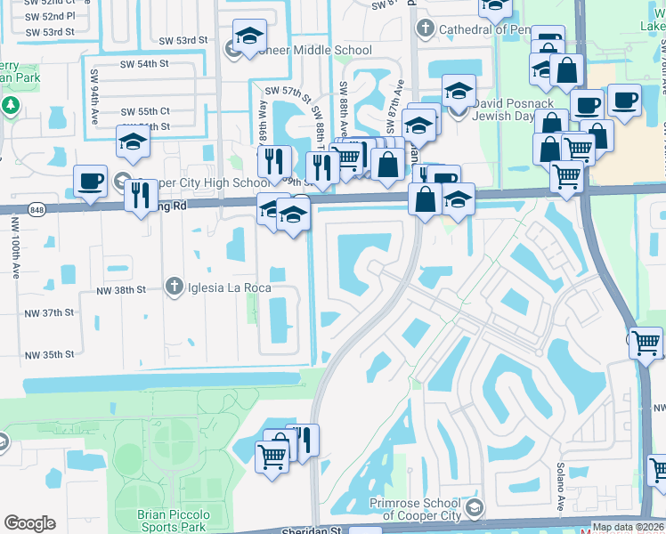 map of restaurants, bars, coffee shops, grocery stores, and more near 3805 Northwest 88th Terrace in Hollywood