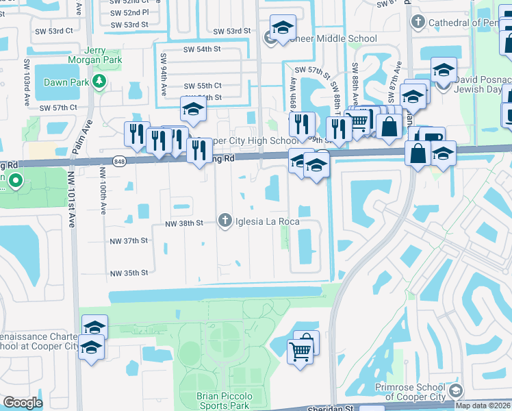 map of restaurants, bars, coffee shops, grocery stores, and more near 3650 Northwest 91st Avenue in Hollywood
