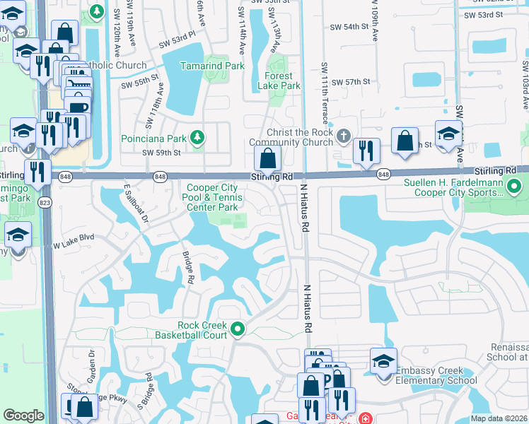 map of restaurants, bars, coffee shops, grocery stores, and more near 11330 Lakeshore Drive in Hollywood