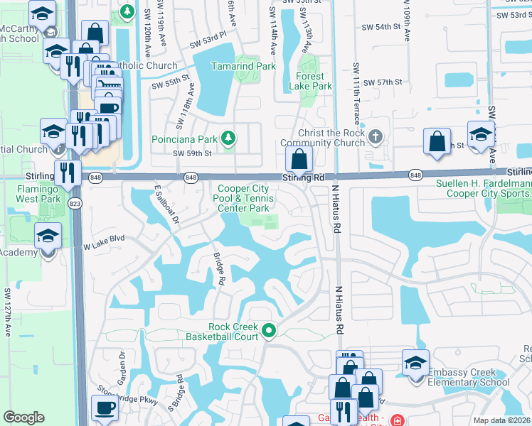 map of restaurants, bars, coffee shops, grocery stores, and more near 11375 Lakeshore Drive in Hollywood