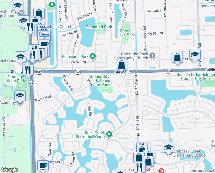 map of restaurants, bars, coffee shops, grocery stores, and more near 11375 Lakeshore Drive in Hollywood