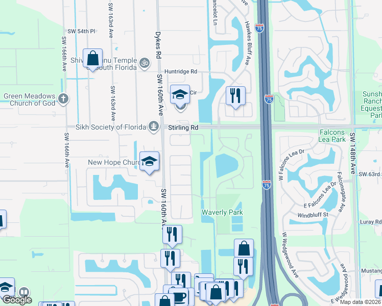 map of restaurants, bars, coffee shops, grocery stores, and more near 15823 Stonetower Street in Davie