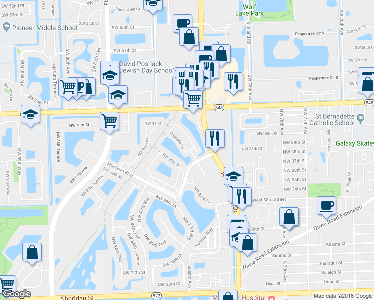 map of restaurants, bars, coffee shops, grocery stores, and more near 4362 Cascada Circle in Hollywood