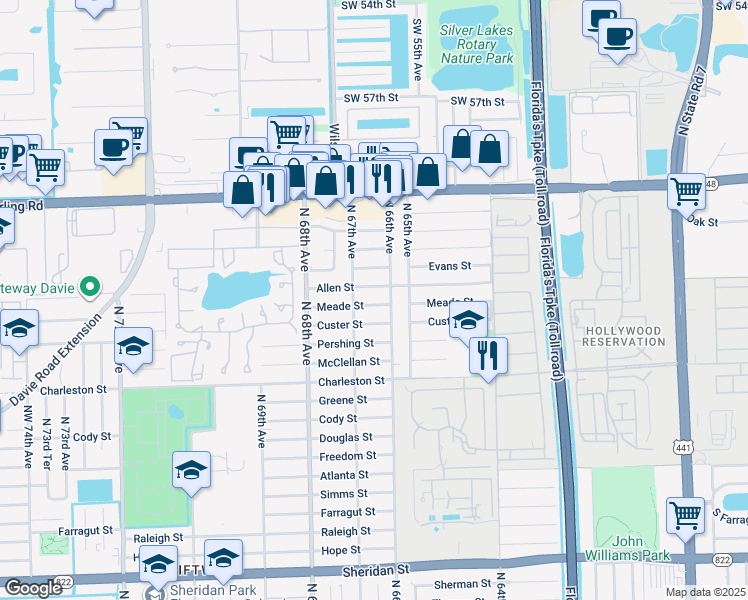 map of restaurants, bars, coffee shops, grocery stores, and more near 6611 Custer Street in Hollywood