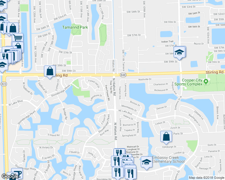 map of restaurants, bars, coffee shops, grocery stores, and more near 4055 Tree Top Road in Hollywood
