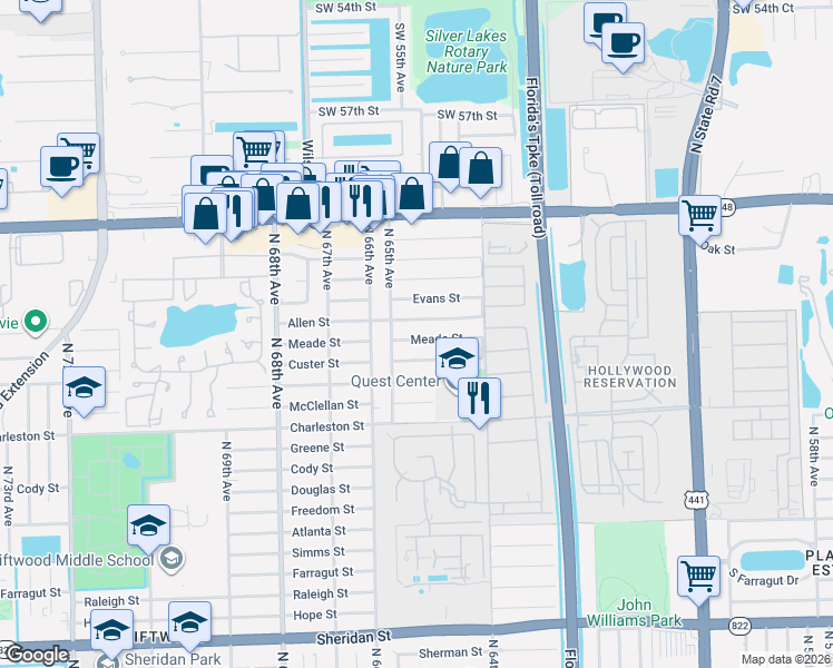 map of restaurants, bars, coffee shops, grocery stores, and more near 6467 Custer Street in Hollywood