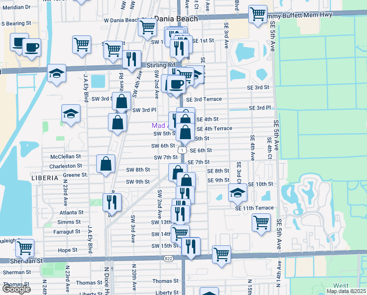 map of restaurants, bars, coffee shops, grocery stores, and more near in Dania Beach