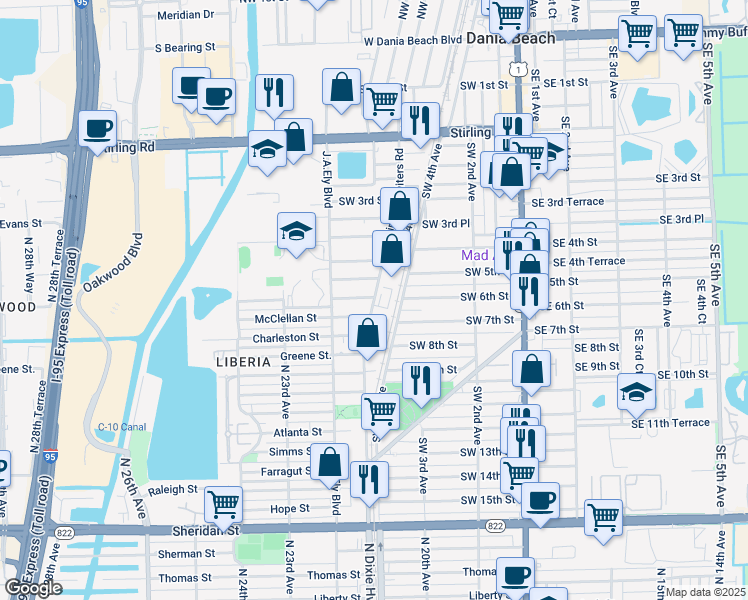 map of restaurants, bars, coffee shops, grocery stores, and more near 615 Phippen Waiters Road in Dania Beach
