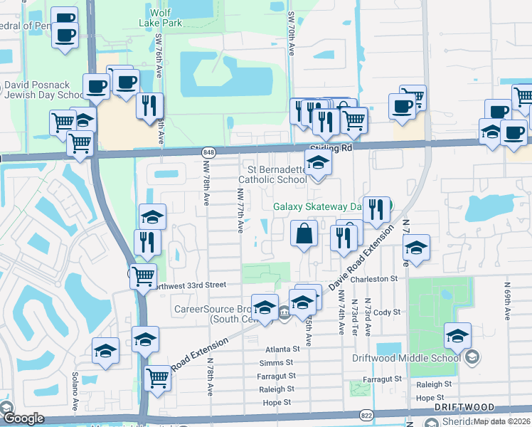 map of restaurants, bars, coffee shops, grocery stores, and more near 7600 Northwest 38th Court in Hollywood