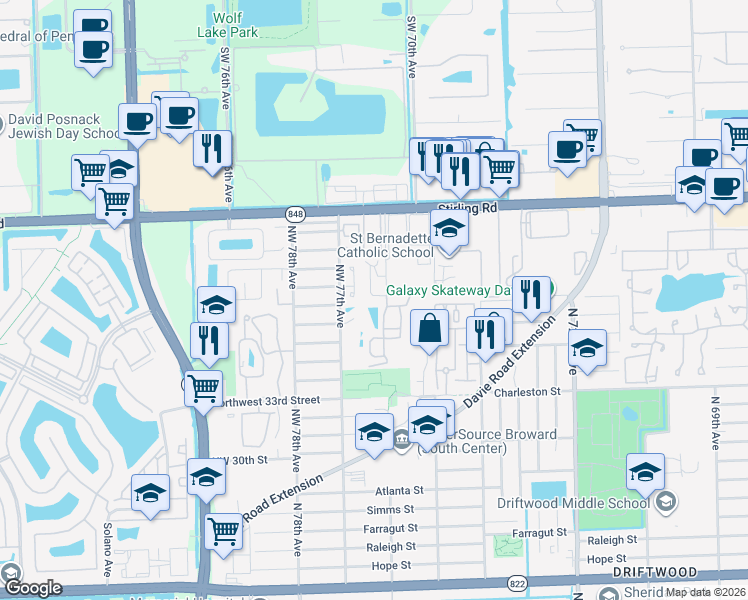 map of restaurants, bars, coffee shops, grocery stores, and more near 7600 Northwest 38th Court in Hollywood