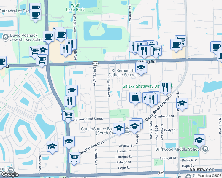 map of restaurants, bars, coffee shops, grocery stores, and more near 3704 Northwest 77th Avenue in Hollywood
