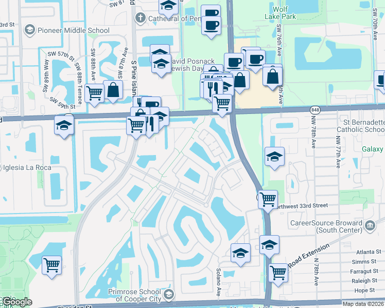 map of restaurants, bars, coffee shops, grocery stores, and more near 8427 Northwest 40th Street in Hollywood