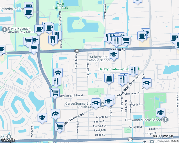 map of restaurants, bars, coffee shops, grocery stores, and more near 3704 Northwest 77th Avenue in Hollywood