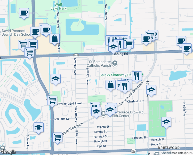 map of restaurants, bars, coffee shops, grocery stores, and more near 7600 Northwest 38th Court in Hollywood