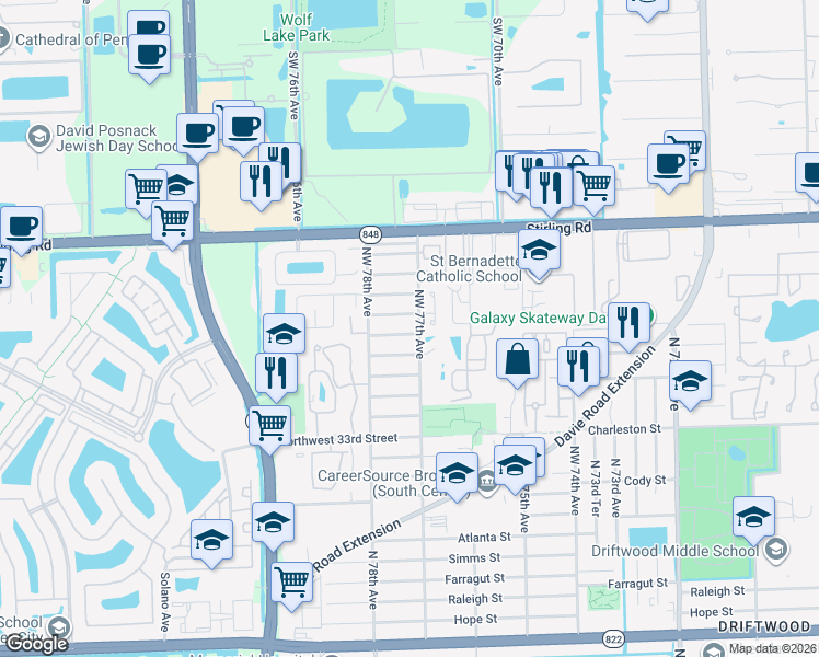 map of restaurants, bars, coffee shops, grocery stores, and more near 3704 Northwest 77th Avenue in Hollywood