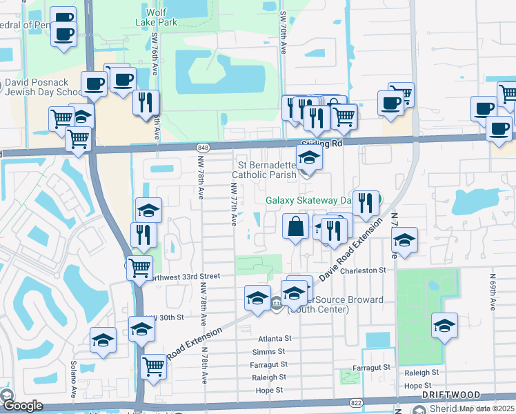 map of restaurants, bars, coffee shops, grocery stores, and more near 7600 Northwest 38th Court in Hollywood