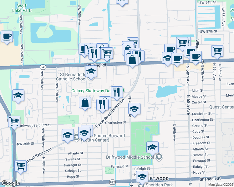 map of restaurants, bars, coffee shops, grocery stores, and more near 7201 Northwest 38th Street in Hollywood