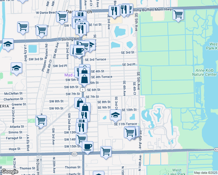 map of restaurants, bars, coffee shops, grocery stores, and more near 303 Southeast 5th Street in Dania Beach