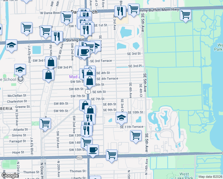 map of restaurants, bars, coffee shops, grocery stores, and more near 209 Southeast 5th Street in Dania Beach
