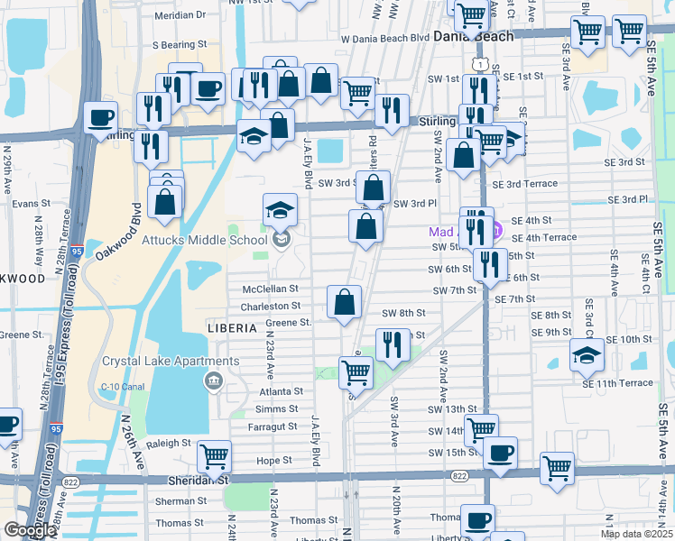 map of restaurants, bars, coffee shops, grocery stores, and more near 732 Southwest 5th Street in Dania Beach