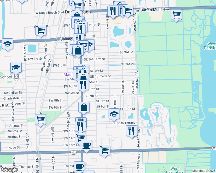 map of restaurants, bars, coffee shops, grocery stores, and more near 303 Southeast 5th Street in Dania Beach