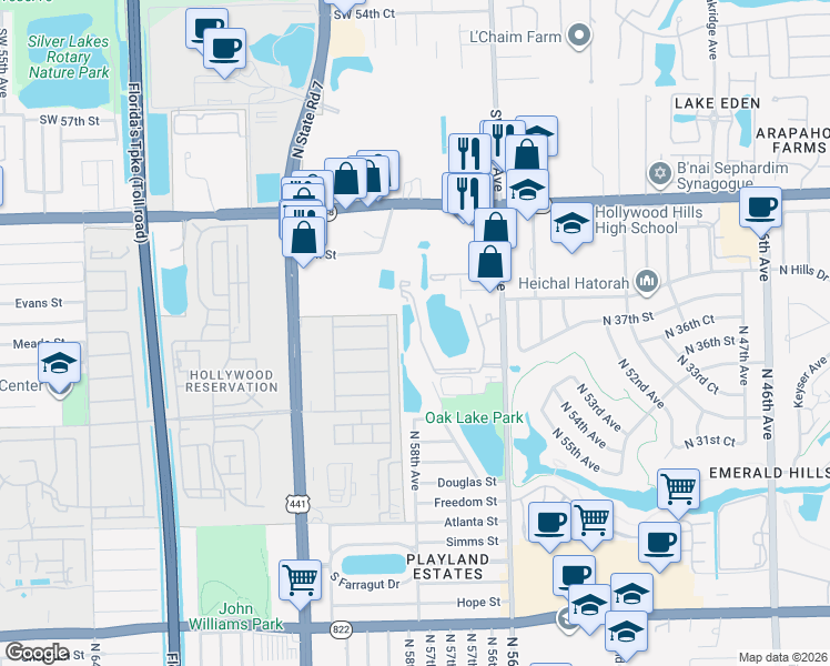 map of restaurants, bars, coffee shops, grocery stores, and more near 3680 North 56th Avenue in Hollywood
