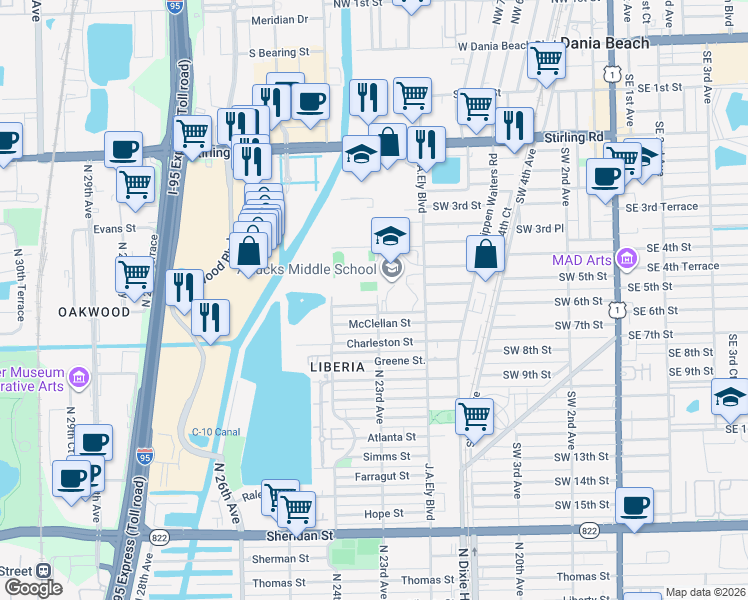 map of restaurants, bars, coffee shops, grocery stores, and more near 2303 Pershing Street in Hollywood