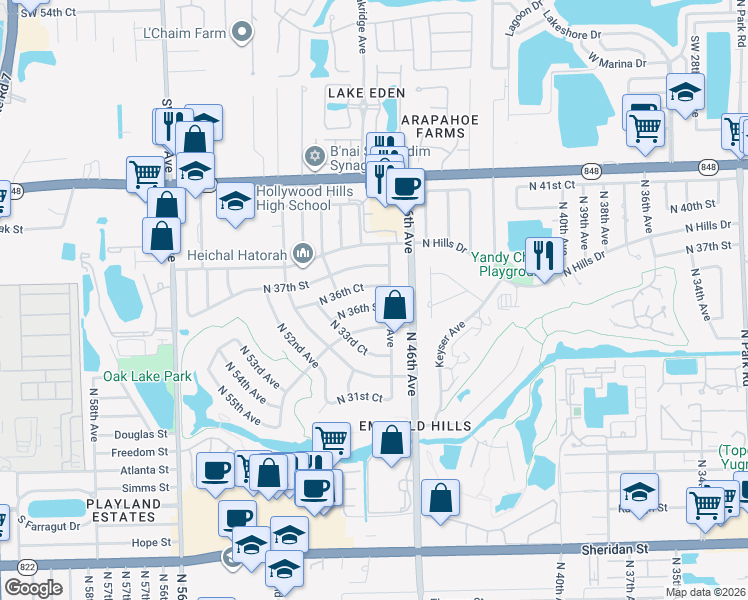 map of restaurants, bars, coffee shops, grocery stores, and more near 4701 North 36th Court in Hollywood