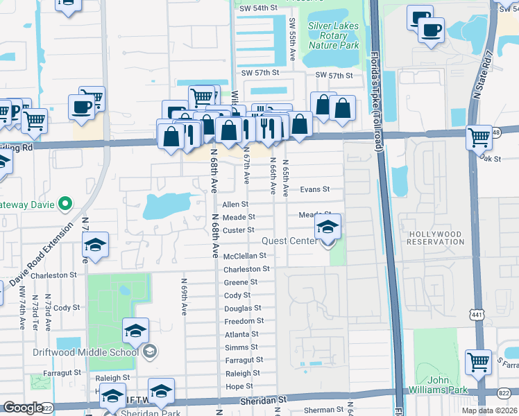 map of restaurants, bars, coffee shops, grocery stores, and more near 6601 Allen Street in Hollywood