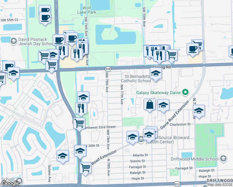 map of restaurants, bars, coffee shops, grocery stores, and more near 7730 Northwest 39th Street in Hollywood