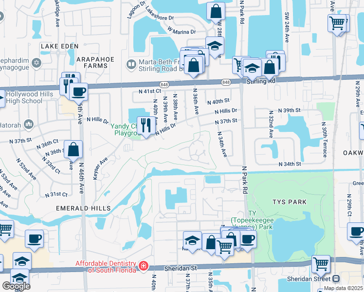 map of restaurants, bars, coffee shops, grocery stores, and more near 3650 North 36th Avenue in Hollywood